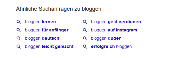 Bei Google unterhalb der Suchergebnisse zum Thema "Bloggen" gefunden.