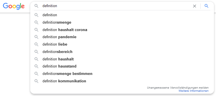 Sobald du nach deinem Keyword die Leertaste betätigst, erhälst du mögliche Varianten.