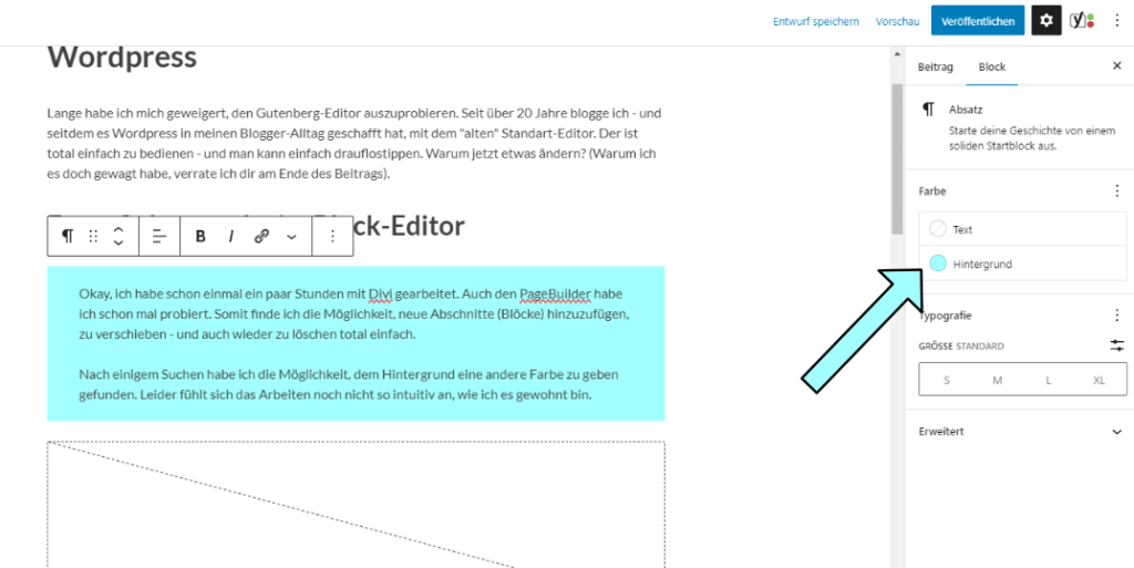 Wenn du deinen Textblock markiert hast, kannst du rechts auf Hintergrund klicken.