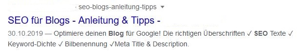 Übersichtliche Meta-Description mit Haken und Keyword.