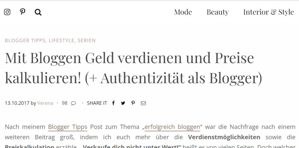 Mit Bloggen Geld verdienen und Preise kalkulieren von Verena