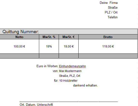 Detaillierte Quittungsvorlage als PDF