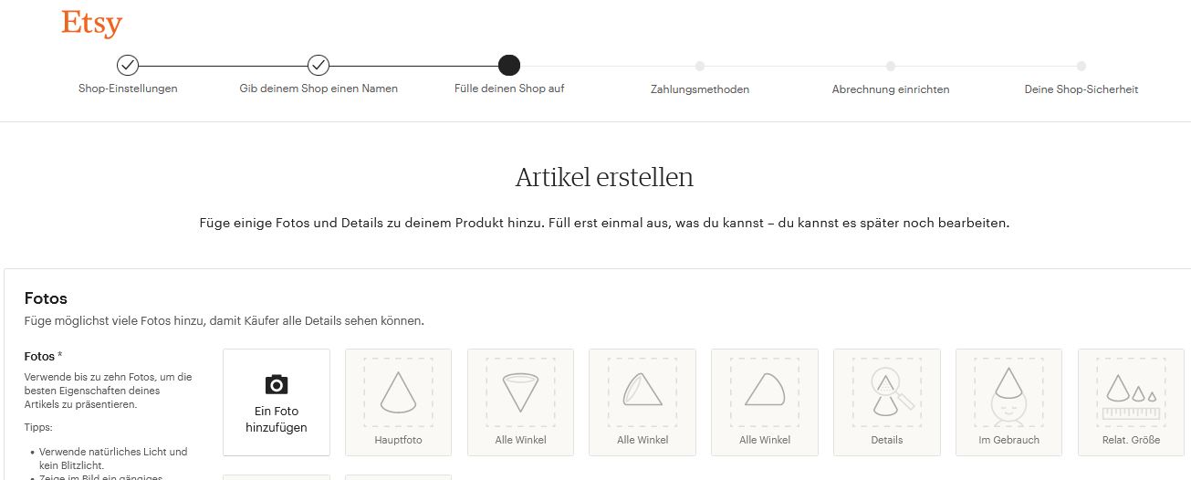 Auf Etsy Geld veridenen: Bei der Erstellung des Shops musst du den ersten Artikel bereits mit angeben!