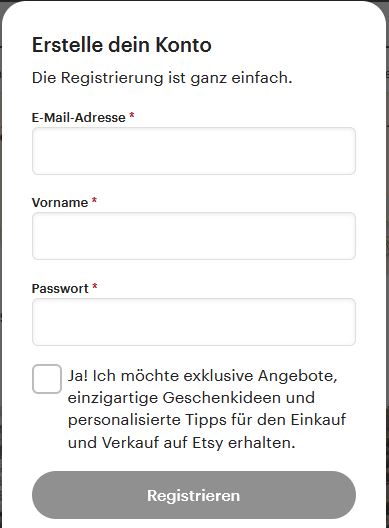 Auf Etsy ein Konto erstellen... super schnell und einfach. Der erste Schrtii um mit Etsy Geld verdienen zu können.