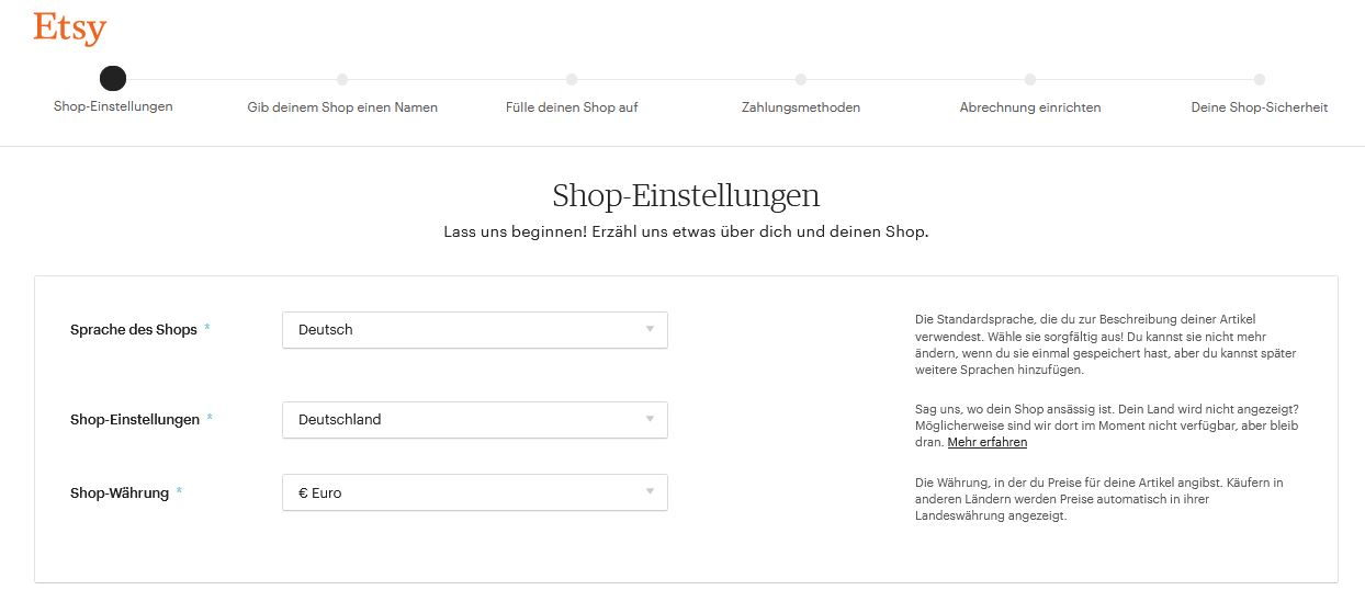 Die erste Seite deiner Shop-Einstellungen ist relativ einfach zu füllen.