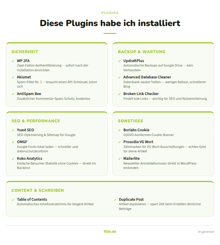 Infografik: Diese WordPress-Plugins nutze ich auf fibb.de – sortiert nach Kategorien wie Sicherheit, SEO, Backup und Conten