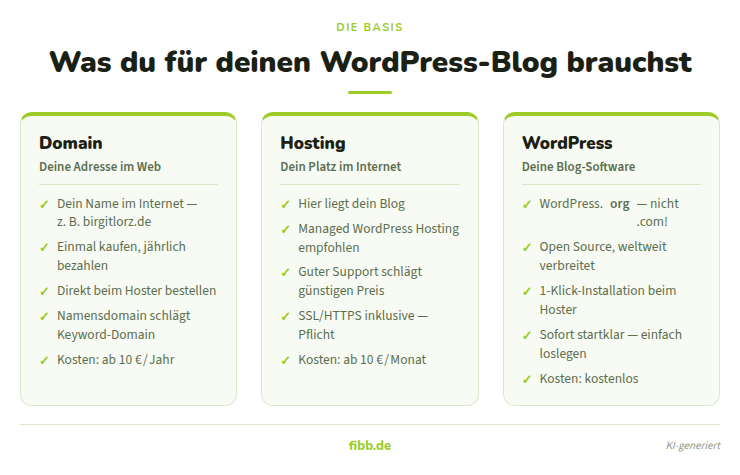 Infografik: Die drei Grundlagen für deinen WordPress-Blog – Domain, Hosting und WordPress mit ihren wichtigsten Eigenschaften